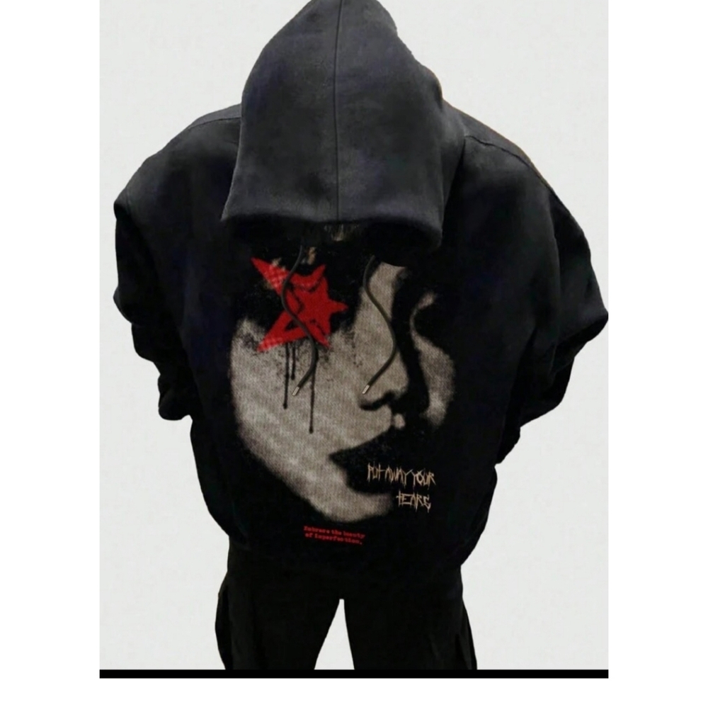ROMWE Grunge Portrait Hoodie - Black Oversized Streetwear Sweatshirt - Small